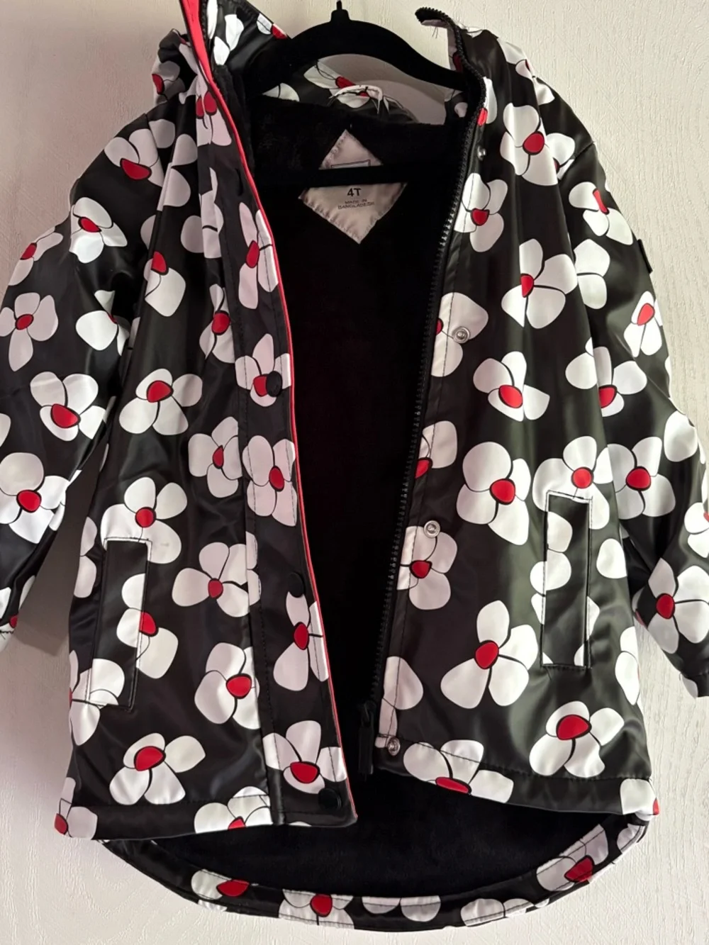 Hunter‎ Girls 4T Floral Rain Jacket Black White Red Hooded Waterproof Fleece